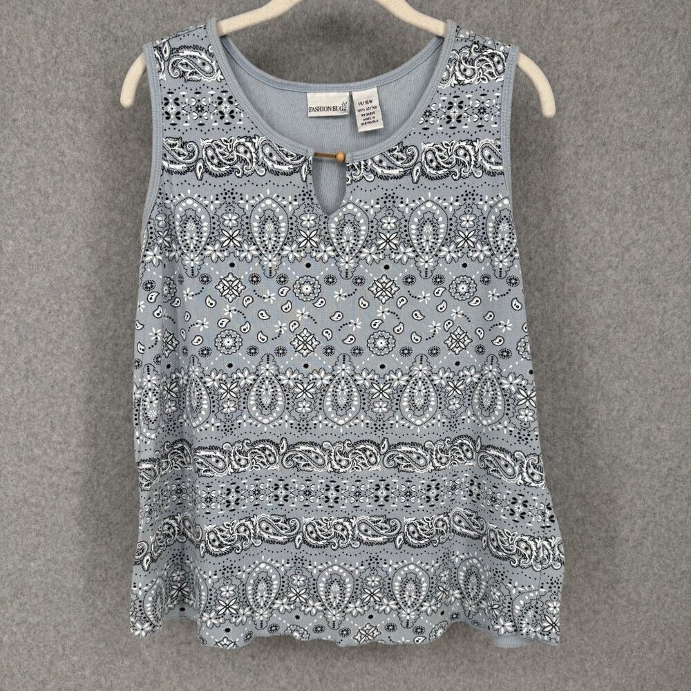 Fashion Bug Womens VTG 90s Bandana Babydoll Tank Top Size 14/16W Blue White